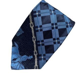 Vtg The Custom Shop Mens Tie Necktie Wide Silk Blue Equestrian Horse and Rider